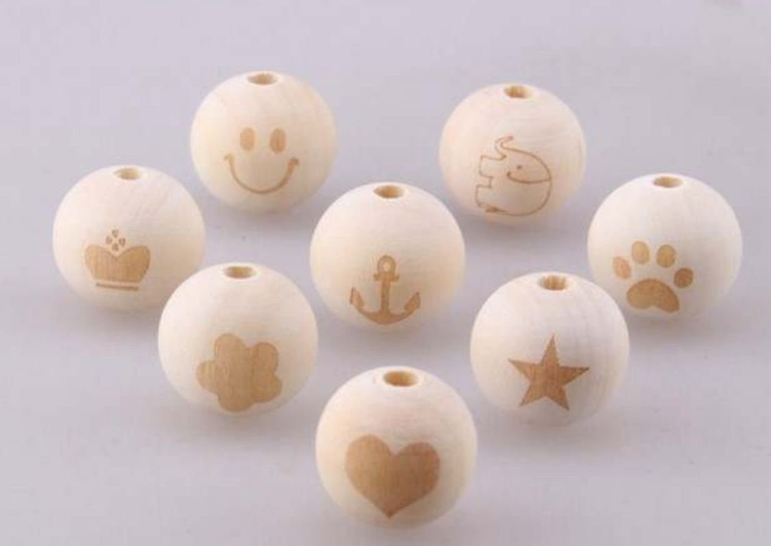 Cuentas de madera de 20 mm con diseño - 20 unidades